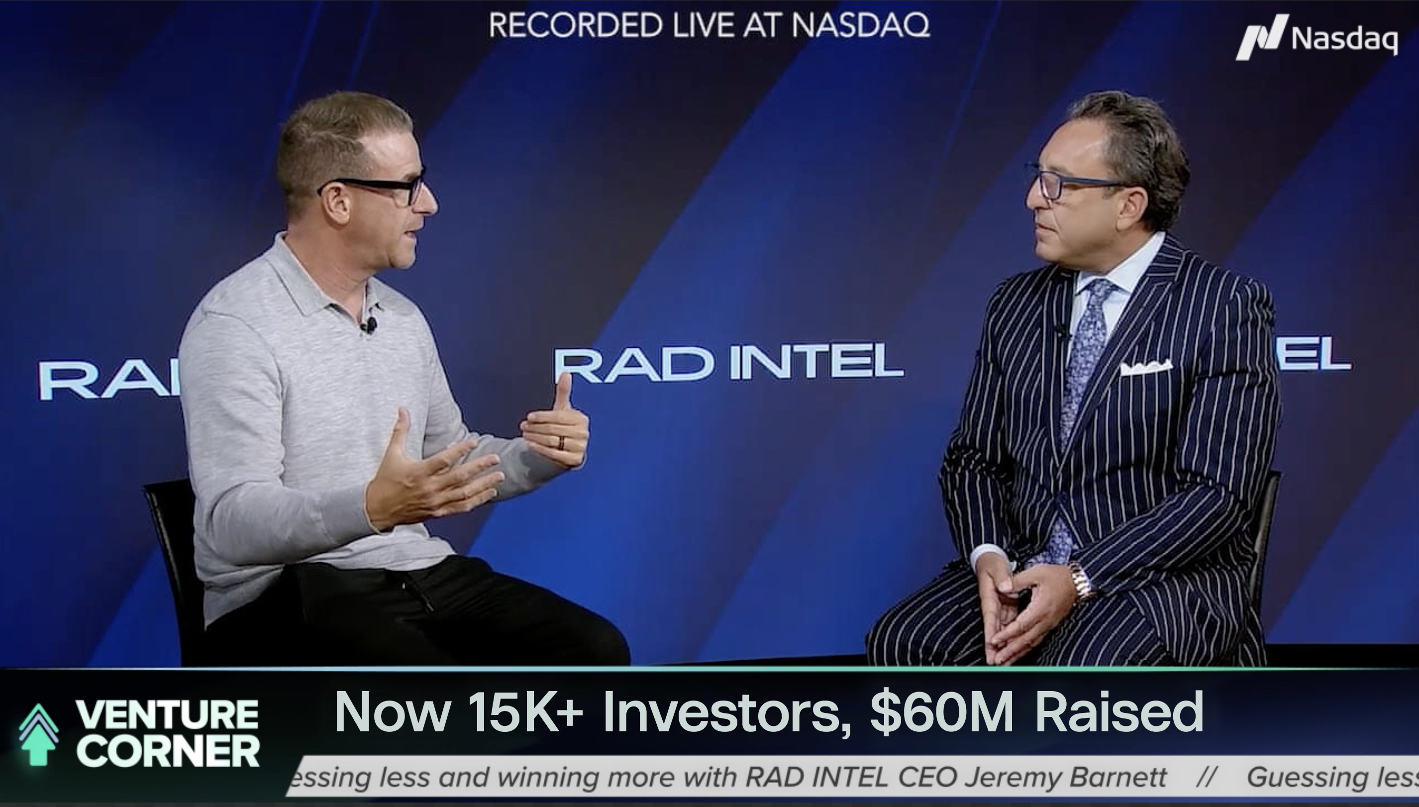 RAD Intel CEO Jeremy Barnett at NASDAQ headquarters with 20,000+ investor milestone